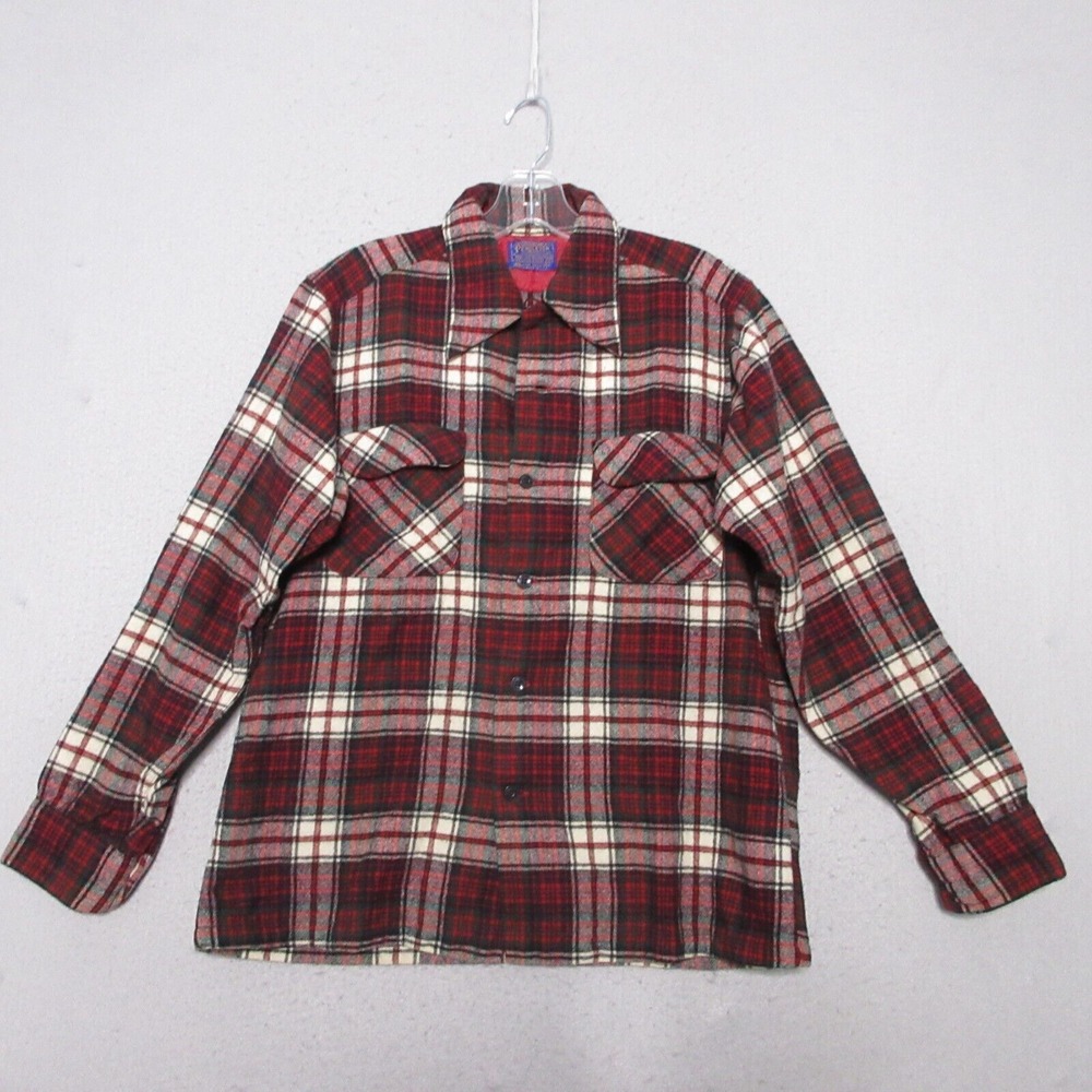 Vintage Pendleton Men Medium Plaid Wool Loop Collar Made in USA Flap Pockets